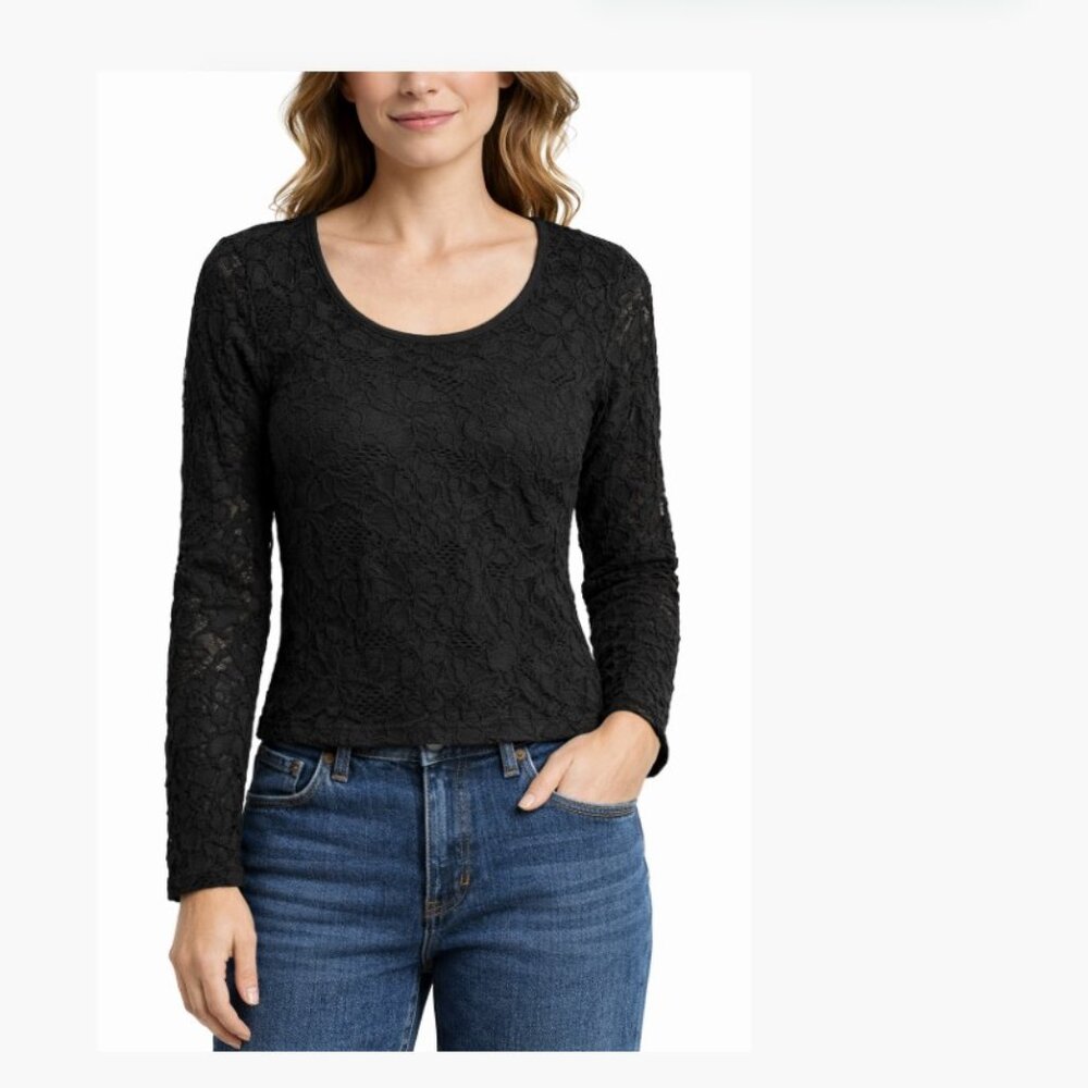 BP. Floral Textured Lace Fitted Long Sleeve Cropped Top Black XS/S